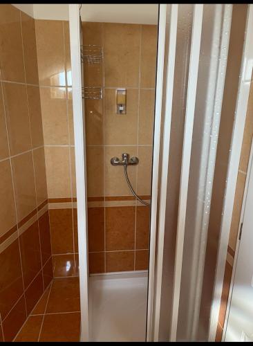 a shower with a glass door in a bathroom at Joy Apartman in Kiskunhalas