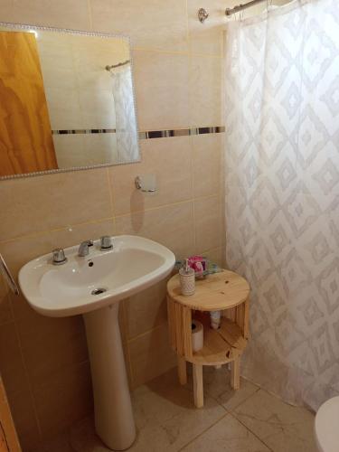 a bathroom with a sink and a mirror and a shower at Cabañas Elohim in El manzano historico