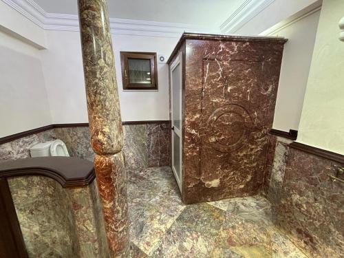 a bathroom with a shower with a wooden door at Gold Palace Hotel in Cairo