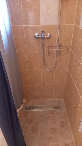 a shower with a shower curtain and a shower at Vadászles Vendégház in Bükkszentmárton