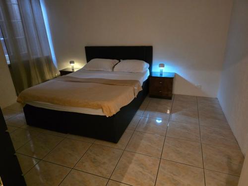 a bedroom with a bed and two night stands with lights at Casa Noelia & Dairi in Biel