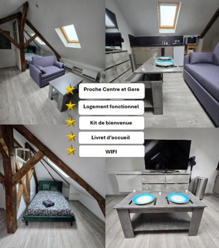 un collage de quatre photos d'un salon dans l'établissement Studio cosy proche centre-ville, à Reims