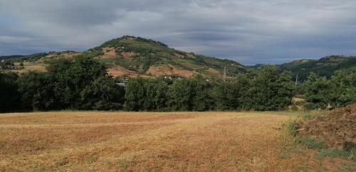 an empty field with a mountain in the background at Le Valadin in Valady