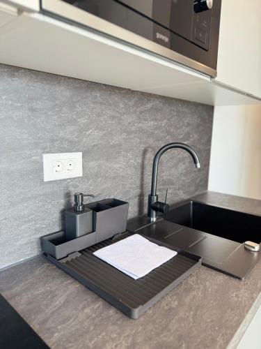 a kitchen counter with a sink and a faucet at Apartments Frank in Zambratija