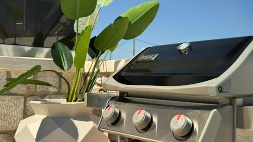 a grill with a potted plant next to a plant at ARYVE Boutique Villa mit Akropolis- und Meerblick, Infinity-Pool und Designer-Interieur in Malona Village