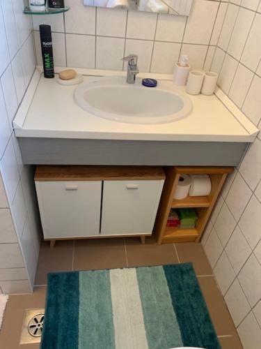 a bathroom with a sink and a mirror at Krisztina apartman in Zalakaros
