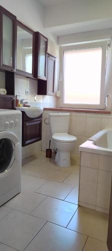 a bathroom with a toilet and a sink and a washing machine at Apartament na Sienkiewicza in Leśna