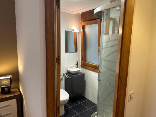 a bathroom with a toilet and a glass shower at #Las Azaleas# in Ribadeo