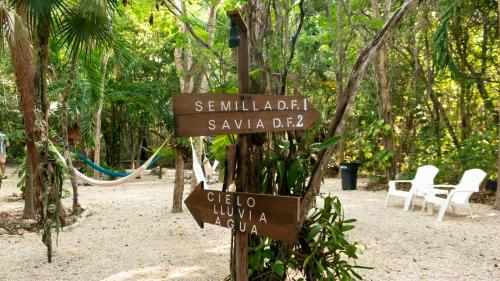 a street sign in the middle of a forest at Apartamento Flamingo - Santuario Apartments in Chemuyil