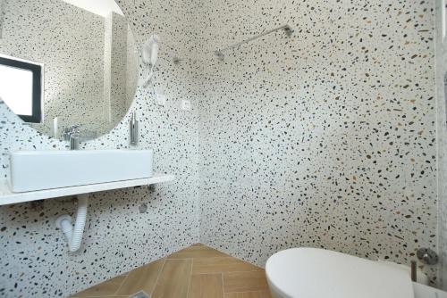 a bathroom with a sink and a mirror and a toilet at Apartments A Čanj in Čanj