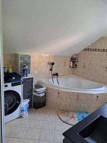 a bathroom with a large tub in a room at Rodinný dům v klidném prostředí in Slavkov pod Hostýnem