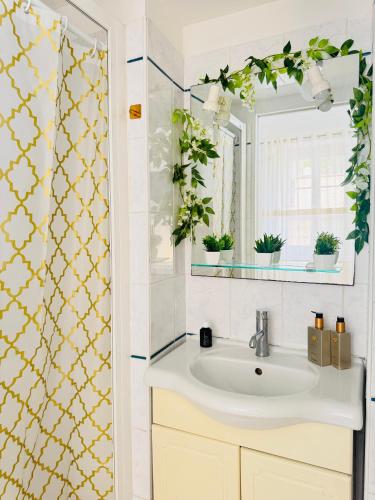 une salle de bain avec un lavabo et un miroir dans l'établissement Cozy studio sur la promenade, à Nice