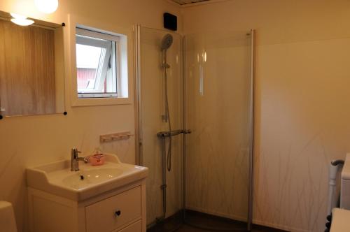 La salle de bains est pourvue d'un lavabo et d'une douche. dans l'établissement Ida's Stuga, à Karungi