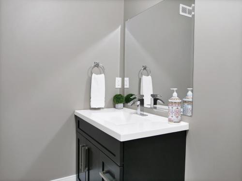 a bathroom with a sink and a mirror at Comfortable 3BR Getaway in Riverview