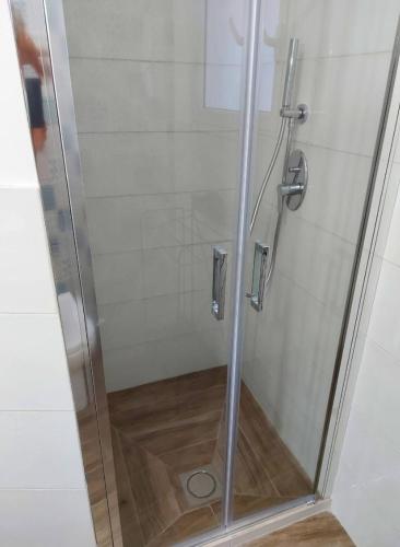 a shower with a glass door in a bathroom at Appartamento Nonno Pit, Marettimo in Marettimo