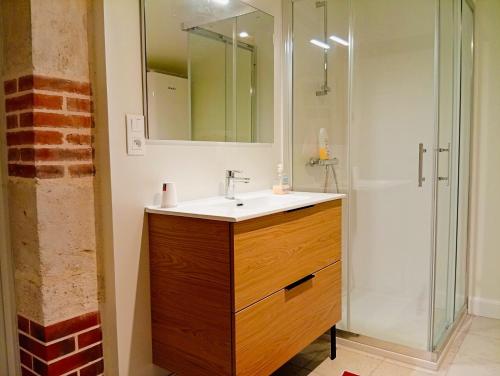 a bathroom with a sink and a shower at Château de Bellevue - La Longère in Sainte-Cécile