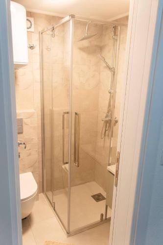 a shower with a glass door in a bathroom at Apartmani Kostic in Tivat