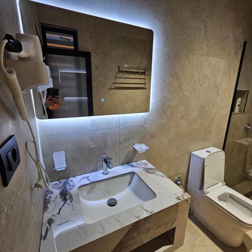 a bathroom with a sink and a toilet and a mirror at Riverside Private Pool&Halal Suite in Shkodër