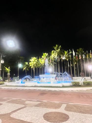 a fountain at night with palm trees and lights at Praia do Gonzaga Santos SP Apto 2 quartos in Santos
