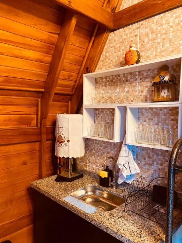 a kitchen with a sink and a wooden wall at Chalé Nosso Kadito - Glamping Estrada Real in Itutinga