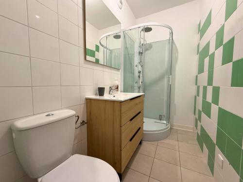 a bathroom with a toilet and a sink and a shower at Gîte de L'Olympe in Boulleret