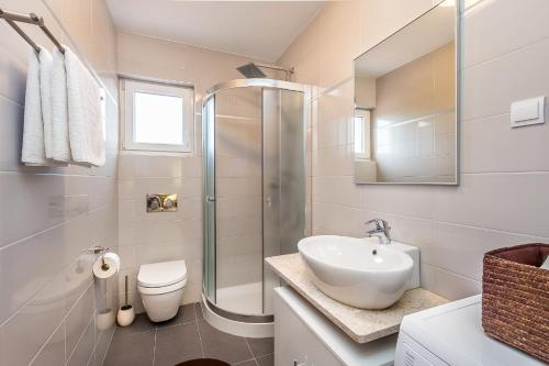 a bathroom with a sink and a toilet and a shower at Apartment Marko in Medulin