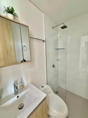 a bathroom with a toilet and a sink and a shower at BlueMar Cartagena in Cartagena de Indias