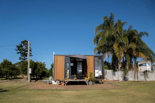 a tiny house sitting next to a palm tree at Sweet Retreat by Tiny Away in Bundaberg