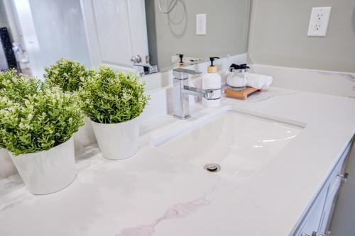 two white vases with plants on a bathroom sink at Nest in the Orchard--cozy room in Toronto