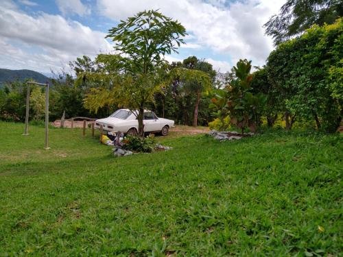 a car parked in a field with a tree at Sítio topo do Vale in Sabará