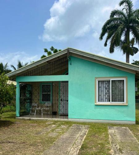 a blue house with a palm tree in the background at CIsland Experience in Montego Bay