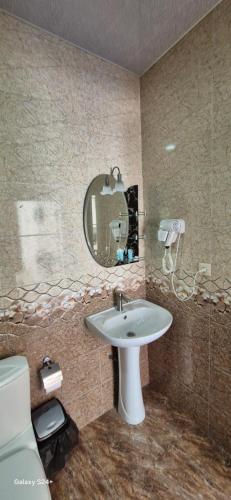 a bathroom with a sink and a mirror and a toilet at Goga Guest House in Kvariati