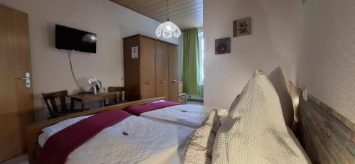 a bedroom with a bed and a desk and a television at Gasthaus Schwanen in Oberkirch