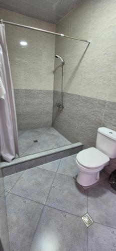 a bathroom with a shower with a toilet and a shower at Goga Guest House in Kvariati