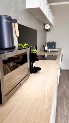 a kitchen with a counter with plants on it at Jezerní apartmán s terasou a saunou v Lakepark Residence in Doksy