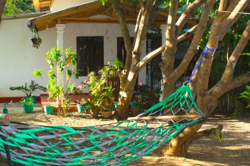 a hammock in front of a house with a tree at Sigiriya Palace View in Sigiriya