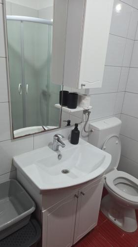 a white bathroom with a sink and a toilet at Apartman Metković-stan na dan in Metković