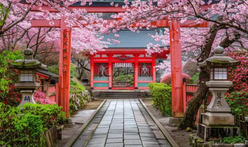 a garden with a red gate and pinkakura trees at Tokyo 2beds room in Shinjuku Sanchome in Tokyo