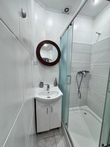 ein Badezimmer mit Waschbecken, Dusche und Spiegel in der Unterkunft Niecała Twelve - Old Town Hideaway in Lublin