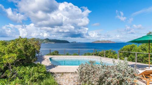a swimming pool with a view of the ocean at Charming villa with fantastic views of the ocean in Pointe Milou