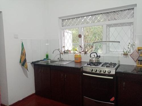 a kitchen with a stove and a sink and a window at Mahaweli Shades in Kandy