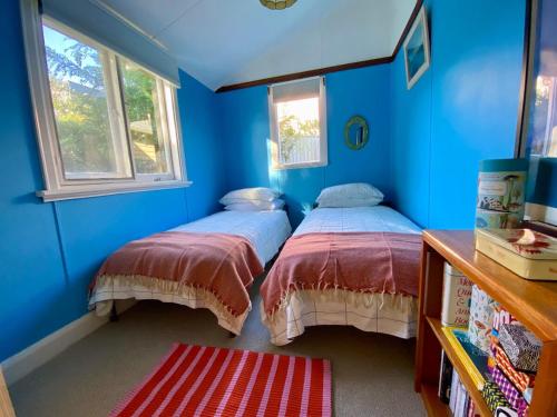 two beds in a room with blue walls and windows at Betty's Shack in Walpole
