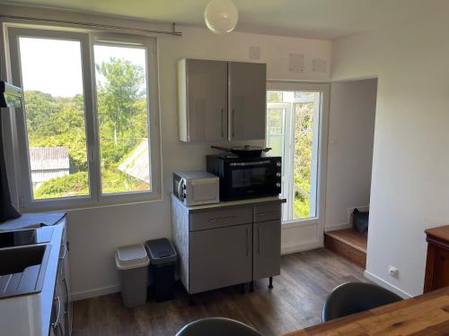 une pièce avec une cuisine équipée d'un micro-ondes et de deux fenêtres dans l'établissement Country house, à Argol