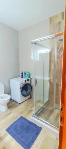 a bathroom with a glass shower and a toilet at Maisonette Mangana in Xanthi