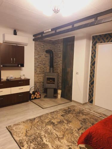 a living room with a fireplace and a stove at Liliana Home in Bucharest