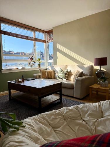 a living room with a couch and a coffee table at Two bedroom maisonette in the heart of the West End in Glasgow