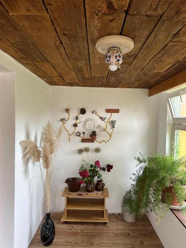 a room with a table with flowers and plants at Villa Martha in Radebeul