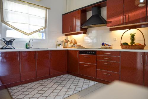 a kitchen with wooden cabinets and a sink and a window at Ileana Vacation Home in Koroni