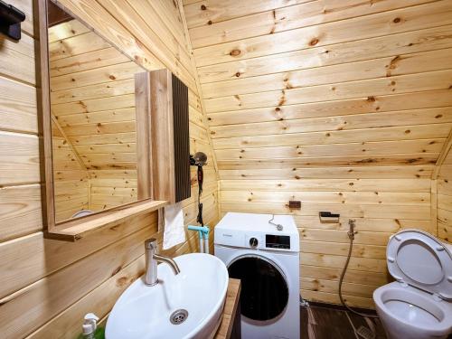 une salle de bain avec un lavabo et une machine à laver dans l'établissement Cozy Cottage In Makhindjauri with Forest and Sea Views, à Makhinjauri