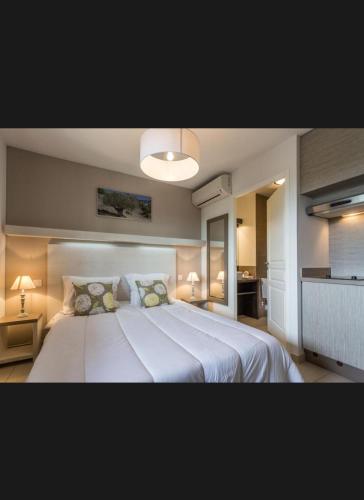 a bedroom with a large white bed with two pillows at Studio Pont du Gard in Remoulins